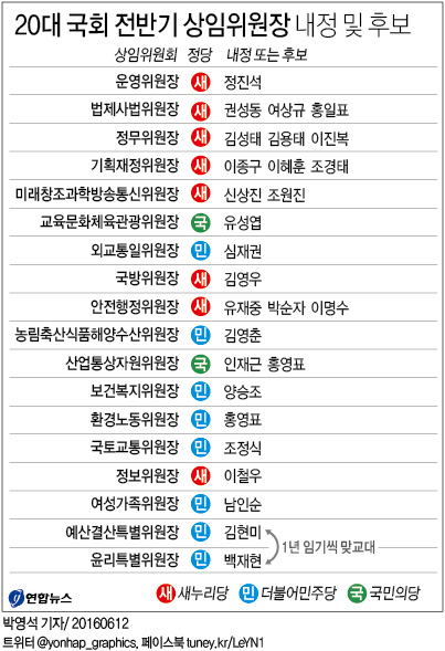 <그래픽> 20대 국회 전반기 상임위원장 내정 및 후보