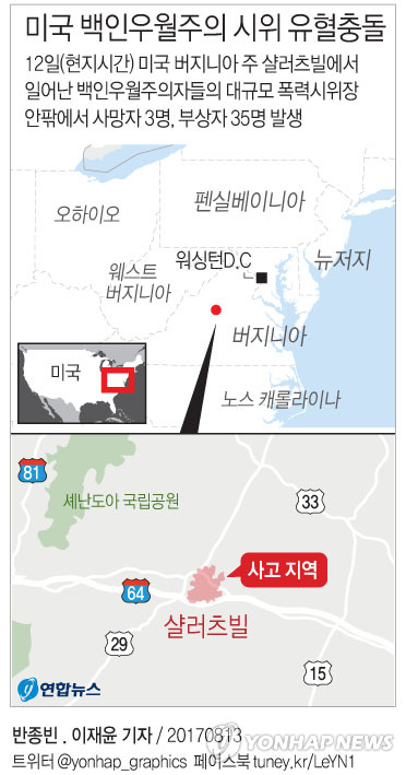 美 백인우월주의자 대규모 폭력시위…비상사태 선포(종합2보) - 1