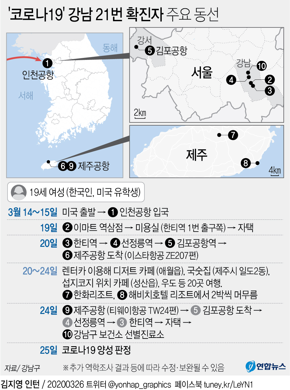 [그래픽] '코로나19' 강남 21번 확진자 주요 동선