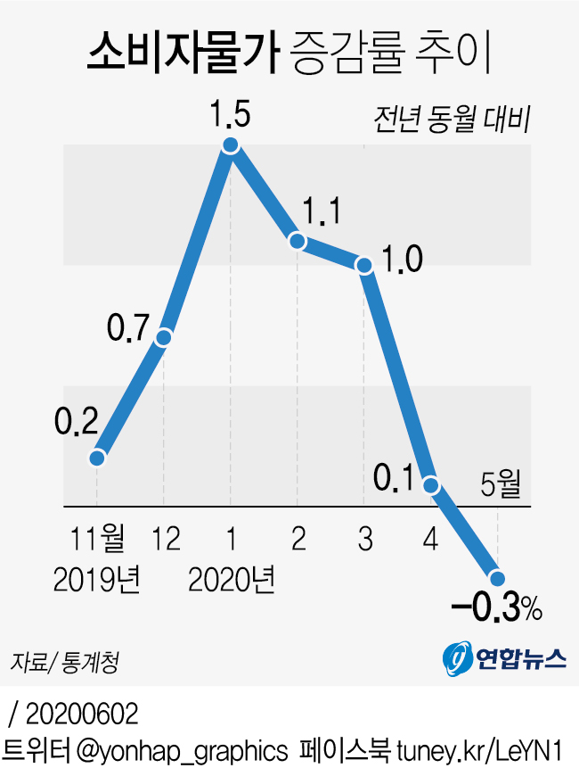 5월 소비자물가 0.3% 하락…8개월만에 마이너스 물가(종합) - 2