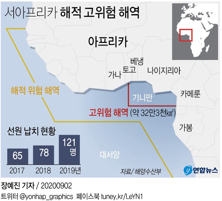 韓国政府は「海賊高危険海域」（赤色の線で囲んだ部分）を設定し、韓国人に操業停止を勧告している。「海賊危険海域」（黄色の線で囲んだ部分）も設定した＝（聯合ニュース）