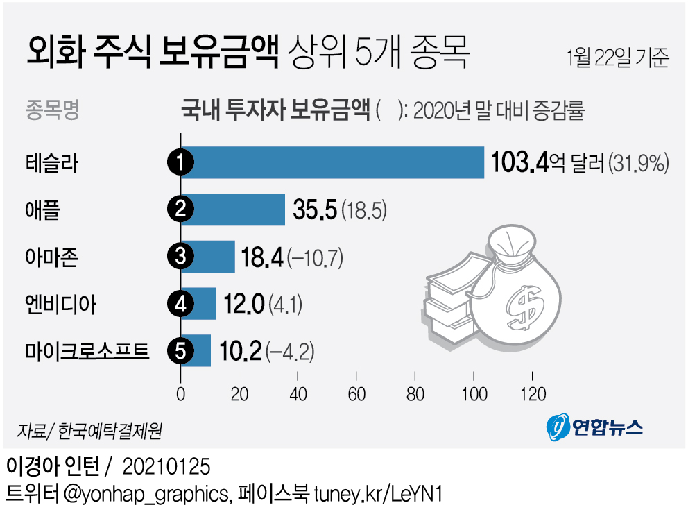 '서학개미' 보유한 테슬라 주식 100억달러 넘어 - 2