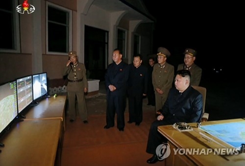 The Korean Central Television's footage of North Korean leader Kim Jong-un overseeing the launch of the Hwasong-14 ballistic missile on July 28, 2017 (For Use Only in the Republic of Korea. No Redistribution) (Yonhap)