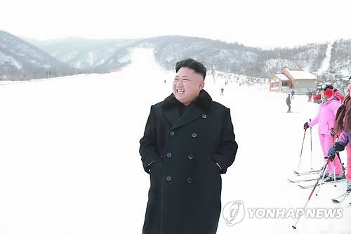 This photo, carried by North Korea's media on Dec. 31, 2013, shows North Korean leader Kim Jong-un inspecting the Masikryong Ski Resort on the North's east coast. (Yonhap)