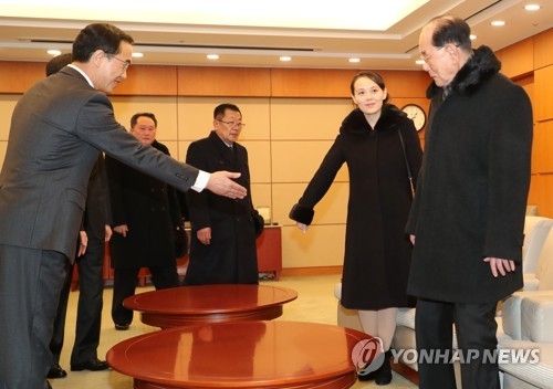Kim Yo-jong (2nd from R), sister of North Korean leader Kim Jong-un, asks Kim Yong-nam, the country's ceremonial head of state, to take a seat at the VIP room of Incheon International Airport on Feb. 9, 2018. (Yonhap)