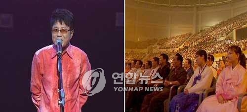 The combined photo, provided by South Korea's broadcaster SBS on Aug. 23, 2005, shows South Korean pop singer Cho Yong-pil (L) holding a performance in Pyongyang. (Yonhap)