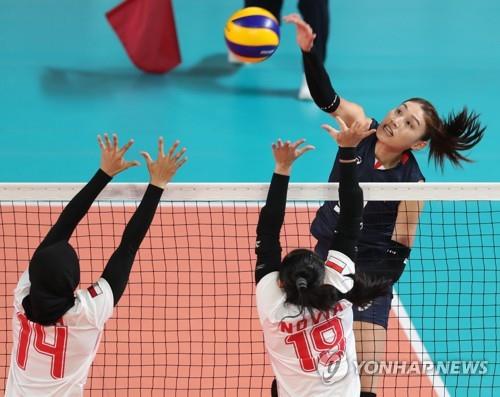 South Korean attacker Kim Yeon-koung (R) hits a spike against Indonesia in the quarterfinals of the 18th Asian Games at GBK Volleyball Indoor in Jakarta on Aug. 29, 2018. (Yonhap)