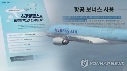 This undated Yonhap News TV image shows a Korean Air plane and notices about the use of mileage points. (PHOTO NOT FOR SALE) (Yonhap) 
