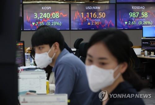Electronic signboards at a Hana Bank dealing room in Seoul show the benchmark Korea Composite Stock Price Index (KOSPI) closed at 3,240.08 on June 4, 2021, down 7.35 points, or 0.23 percent, from the previous session's close. (Yonhap)