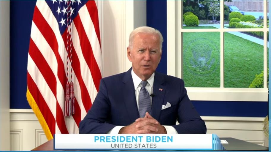 U.S. President Joe Biden is seen speaking in a virtual summit with global leaders on ending the COVID-19 pandemic at the White House in Washington on Sept. 22, 2021 in this image captured from the website of the White House. (Yonhap)