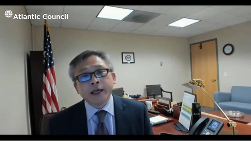 Kin Moy, principal deputy assistant secretary of state for East Asian and Pacific affairs, is seen speaking in a webinar hosted by the Korea Foundation and the Atlantic Council think tank on Sept. 28, 2021 in this image captured from the website of the Atlantic Council. (Yonhap)