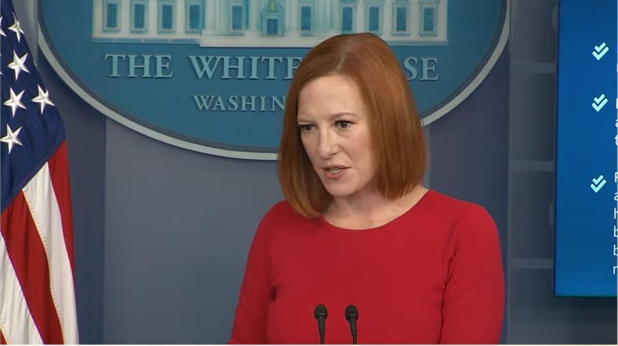 White House Press Secretary Jen Psaki seen answering questions in a daily press briefing at the White House in Washington on Oct. 19, 2021 in this image captured from the website of the White House. (PHOTO NOT FOR SALE) (Yonhap)