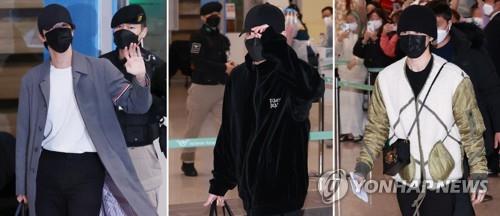 This composite photo shows three BTS members --Jin, Jungkook and Jimin (from left) -- arriving at Incheon International Airport from Los Angeles where it had its first in-person concerts in two years. (Yonhap)