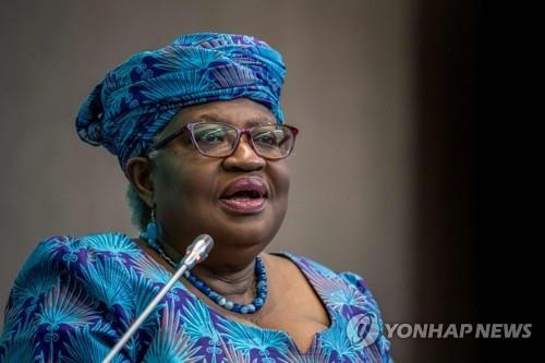 World Trade Organization (WTO) Director-General Ngozi Okonjo-Iweala speaks during an event titled "Making trade score for women!" a discussion on football as a tool for trade and development at the WTO headquarters in Geneva, on May 1, 2023, in this photo provided by AFP. (PHOTO NOT FOR SALE) (Yonhap)