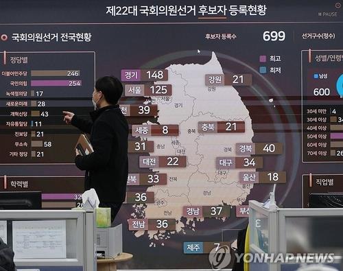 A National Election Commission official looks at a board of candidate registration numbers for the April 10 general elections on March 25, 2024. (Yonhap)