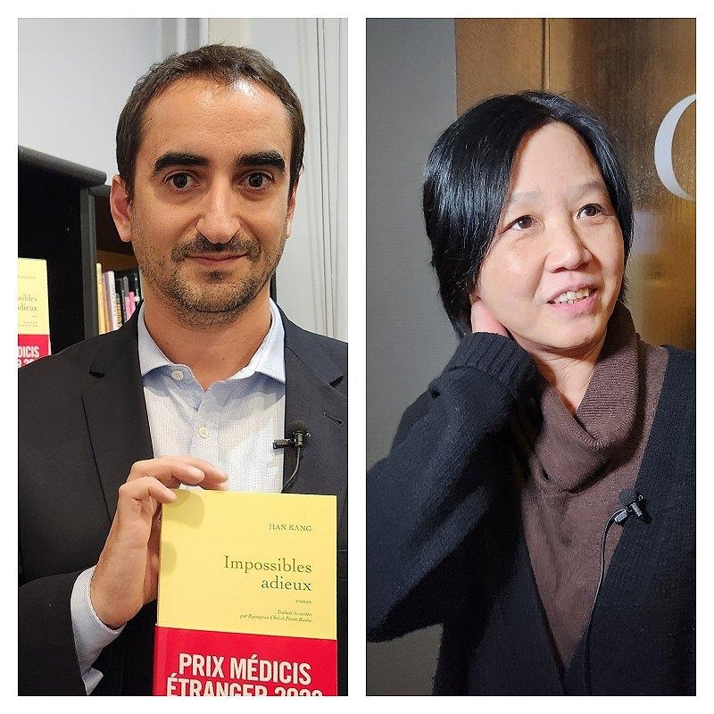 This composite photo shows Choi Kyung-ran (R), the translator of South Korean author Han Kang's "We Do Not Part," which won the Prix Medicis award for foreign literature in Paris on Nov. 9, 2023. Also pictured is Joachim Schnerf, the book's editor at Grasset, a leading French publishing house. (Yonhap)