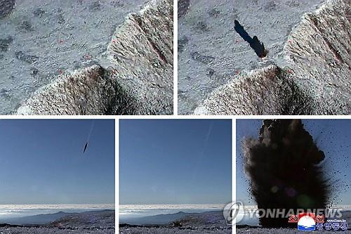 This photos from the Korean Central News Agency on Oct. 23, 2025, show North Korea's missile launch the previous day. The agency said two hypersonic projectiles were launched from the Ryokpho District in Pyongyang in a northeast direction before hitting a target on Kwesang Peak in Orang County, North Hamgyong Province. (For Use Only in the Republic of Korea. No Redistribution) (Yonhap)