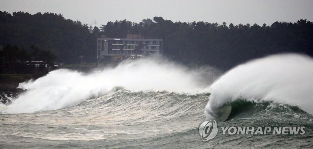 非常に強い台風９号が韓国南部の済州島に接近している。台風の影響で高波が押し寄せる同島南部・西帰浦の海＝２日、西帰浦（聯合ニュース）