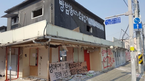 서울 전농동 사창가의 한 건물. 아래층에는 성매매 단속을 알리는 경고 문구가 적혀 있고, 위층에는 CCTV가 사생활을 침해하고 영업을 방해한다며 항의하는 글씨가 적혀 있다.
