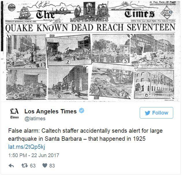 1925년 지진을 오인했다는 LA타임스 트윗