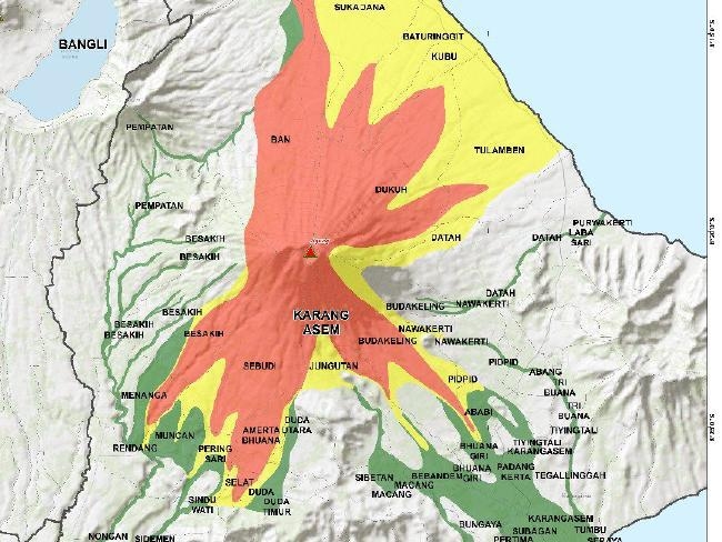 발리 화산 분화시 위험구역 지도