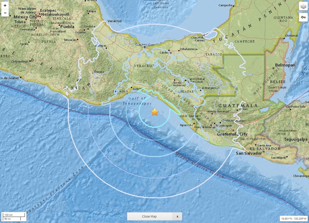 23일(현지시간) 오전 규모 5.7의 지진이 발생한 멕시코 서부 해상[USGS 캡처]