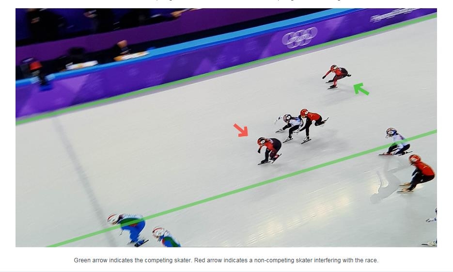 국제빙상경기연맹이 22일(한국시간) 홈페이지를 통해 지난 20일 나온 2018 평창동계올림픽 쇼트트랙 여자 3,000m 계주 캐나다의 실격 사유를 설명했다. 사진을 보면 경기에 뛰지 않는 캐나다 선수(빨간색 화살표)가 결승선에 들어가는 한국 최민정과 중국 판커신의 진로를 방해하고 있다. 레이스에 뛰는 캐나다 선수(녹색 화살표)는 따로 있다. [ISU 홈페이지 캡처]