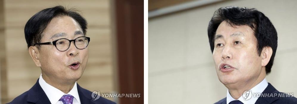 (청주=연합뉴스) 충북교육감 선거에서 보수계 후보 단일화가 불발된 심의보(왼쪽) 예비후보와 황신모 예비후보.