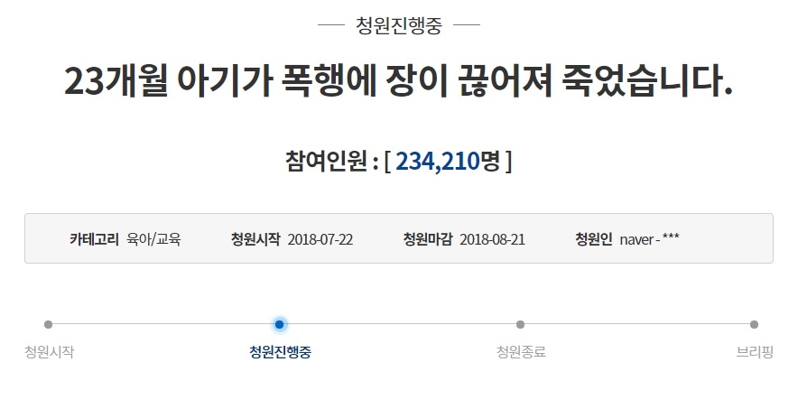 '울산 성민이 사건' 관련 법개정 靑 국민청원 참여 20만 명 넘어 - 1