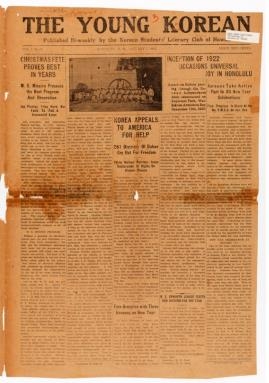 미국에 대한민국 독립 지원을 호소하는 1922년 1월 7일자 '더 영 코리안' 신문