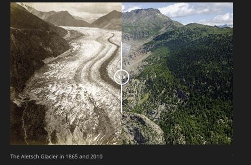 융프라우 알레치 빙하. 왼쪽은 1865년 모습. 오른쪽은 2010년 모습. [출처:Swissinfo.ch=연합뉴스] [2017.08.07 송고]