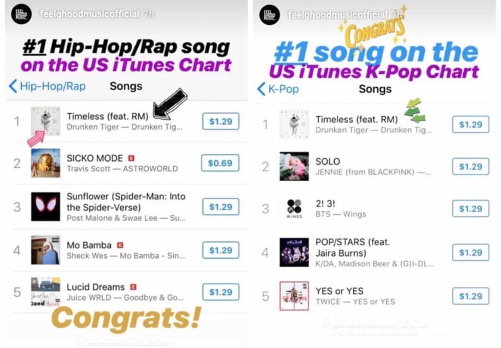 미국 아이튠스 힙합차트 1위에 오른 드렁큰타이거와 RM의 협업곡 '타임리스' 