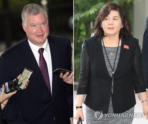 스티븐 비건 미국 국무부 대북정책특별대표(왼쪽)와 최선희 북한 외무성 부상