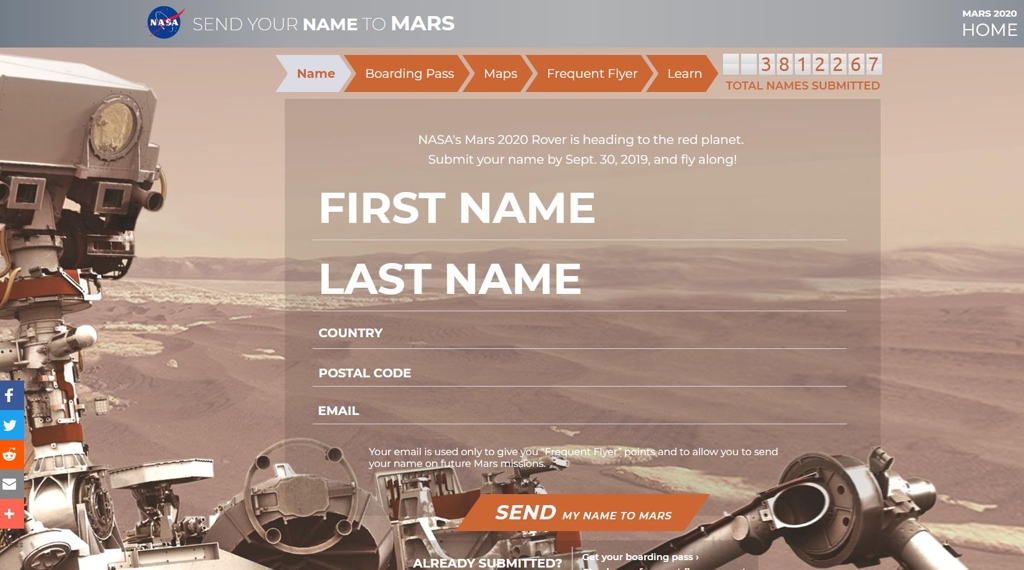 '화성에 이름 보내기' 나사 캠페인 웹사이트