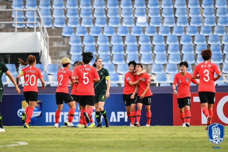 골세리머니를 펼치는 한국 U-19 여자축구대표팀 선수들