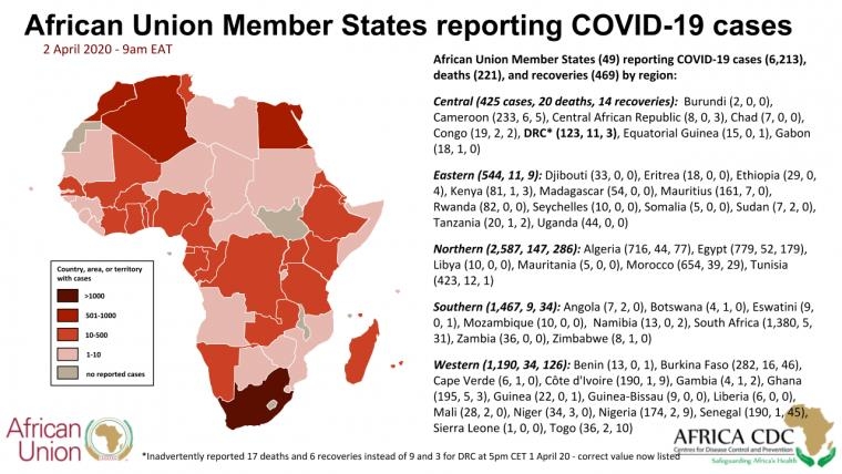 코로나19 확진자 발생한 아프리카 49개국(진할수록 다수 발병) 