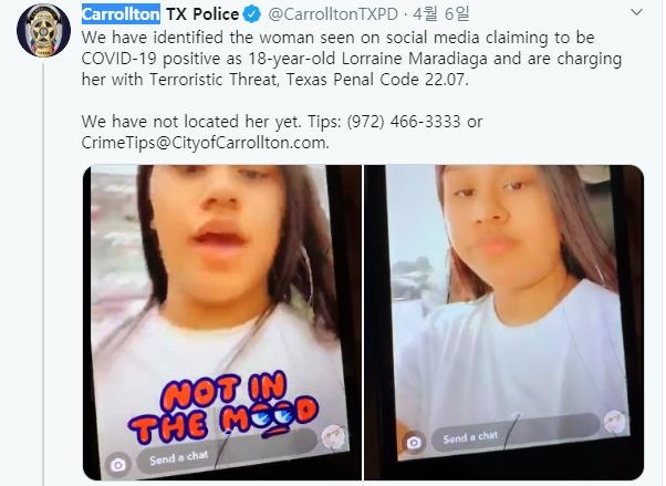 미국 경찰이 코로나19 테러위협 혐의로 공개수배한 10대 소녀
