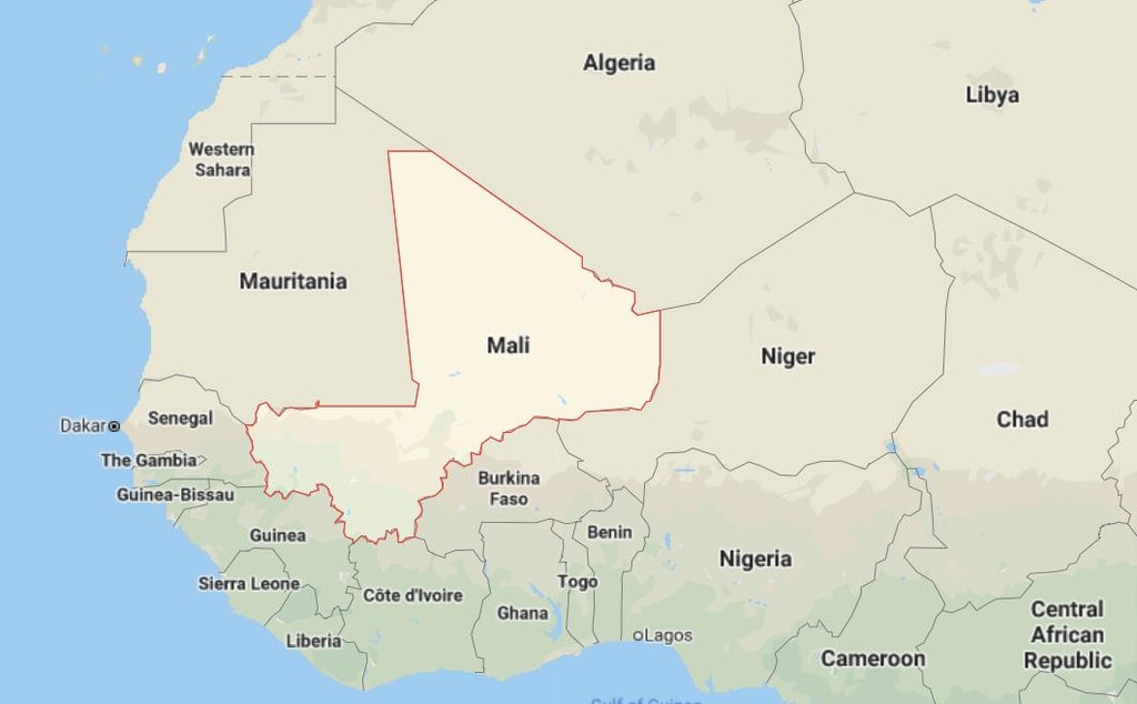 서아프리카 말리(빨간 선)와 주변 나라들