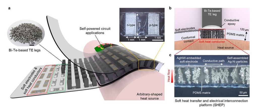 (a) 고유연성 고성능 열전소자 모식도. (b) 열전달이 뛰어난 소프트 전극 플랫폼 모식도 (c) 소프트 플랫폼 내에서 정렬된 금속 입자가 열전달 경로를 형성한 모습. [한국과학기술연구원 제공. 재판매 및 DB 금지]