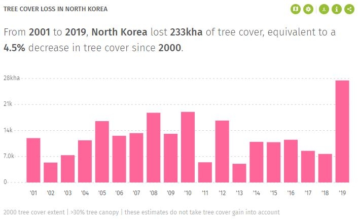 "북한 산림, 19년간 축구장 33만개 면적 감소"