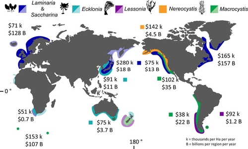 세계 지역별 해조류 숲 분포와 각 숲의 경제적 가치 