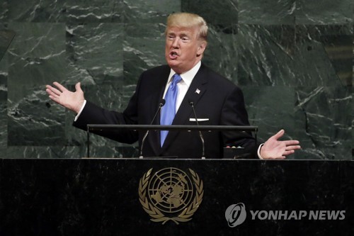 도널드 트럼프 미국 대통령은 19일(현지시간) 유엔 총회에서 취임 후 처음으로 기조연설을 했다. (AP=연합뉴스)