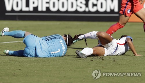 상대 선수 무릎에 가격당한 후 쓰러진 골키퍼 강가애(사진 왼쪽)