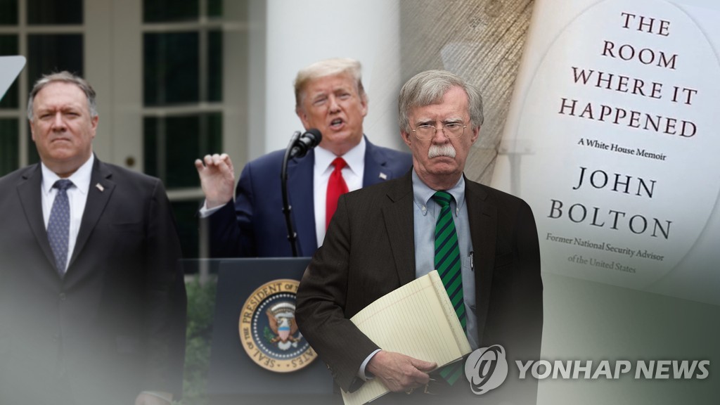 A combined image of former White House National Security Adviser John Bolton (R) and his controversial memoir, President Donald Trump (C) and Secretary of State Mike Pompeo in a photo provided by Yonhap News TV (PHOTO NOT FOR SALE) (Yonhap)