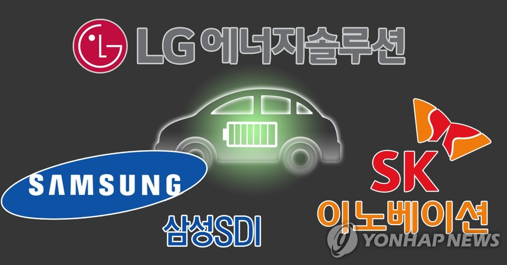 This file photo shows the logos of three South Korean battery makers -- LG Energy Solution Ltd., Samsung SDI Co. and SK Innovation Co. (Yonhap)