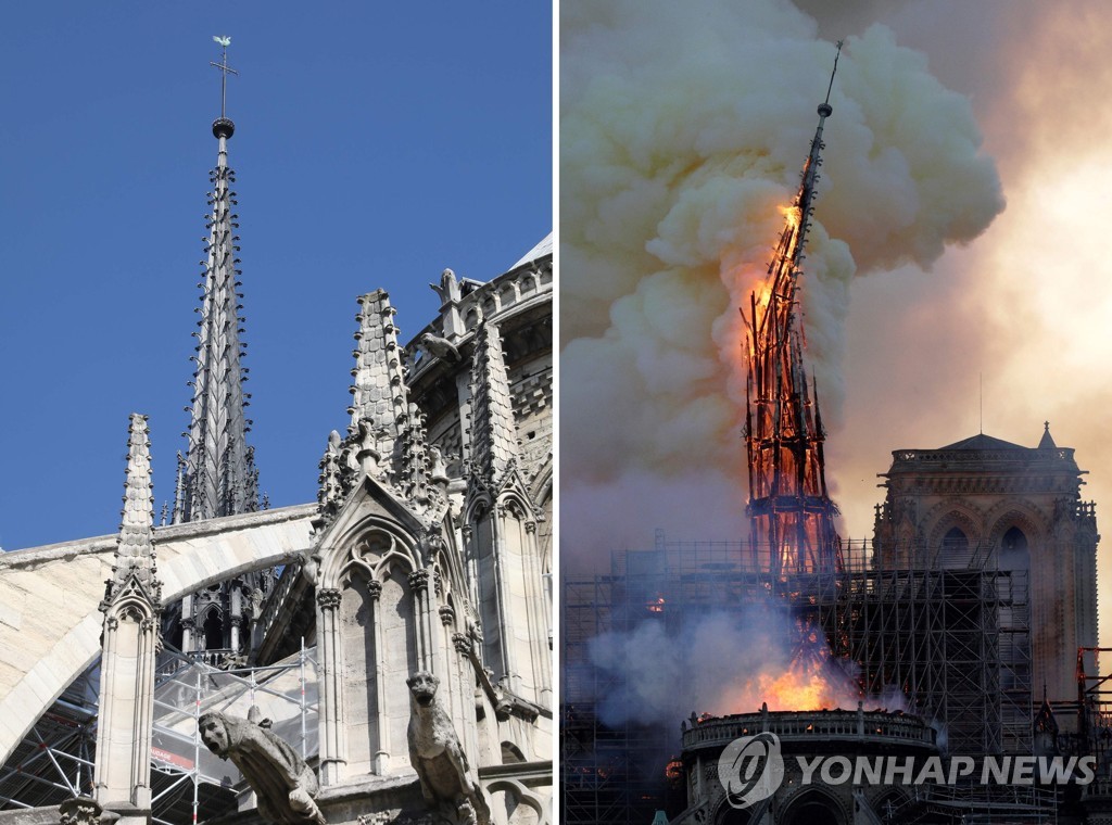 파리 노트르담 대성당의 첨탑. 왼쪽은 2018년 6월, 오른쪽은 지난 15일(현지시간) 화재 당시 무너져내리는 모습.[AFP=연합뉴스]