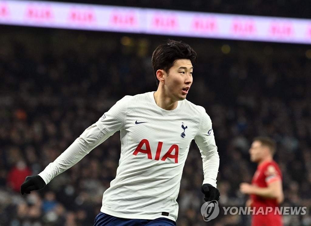 In this AFP photo, Son Heung-min of Tottenham Hotspur celebrates his goal against Liverpool during the clubs' Premier League match at Tottenham Hotspur Stadium in London on Dec. 19, 2021. (Yonhap)