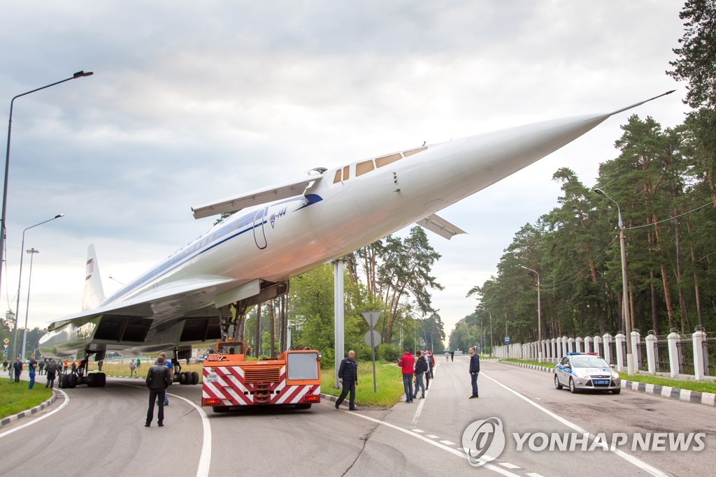 Towing Tupolev Tu-144 supersonic jet airliner in Zhukovsky, Moscow Region