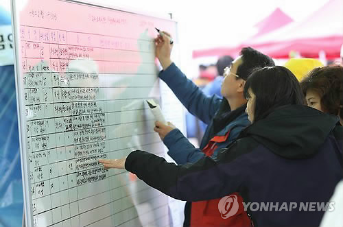 침몰 사고 엿새째인 21일 오전 전남 진도군 팽목항에서 실종자 가족들이 신원이 확인되지 않은 시신의 정보가 적힌 게시판을 살펴보고 있다.