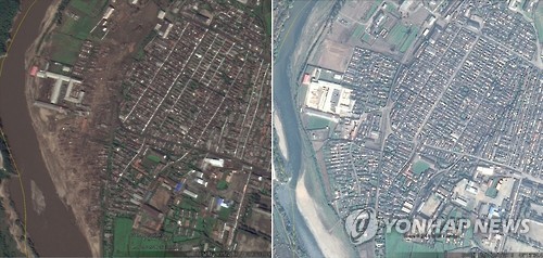 北수해 '폐허' 고스란히 드러난 위성사진
(서울 구글=연합뉴스) 구글이 제공하는 위성 이미지 서비스인 '구글 어스'에 서 10일 포착된 북한 함경북도 무산군의 수해 전후 모습. 오른쪽이 수해 이전인 작년 10월 7일, 왼쪽이 수해 이후인 올해 9월 15일 촬영된 사진이다. 수해 이전 사진에 보이는 건물들이 대부분 토사에 휩쓸려 나가 사라진 모습이다. 2016.11.10
<위 사진 크레디트는 (구글/연합뉴스)로 표기해야 하며 뉴스보도 목적으로만 사용가능(판매금지) 합니다.>
nkphoto@yna.co.kr